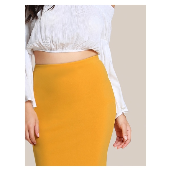 Yellow Ruffle Hem Bodycon Midi Pencil Skirt - Picture 4 of 5
